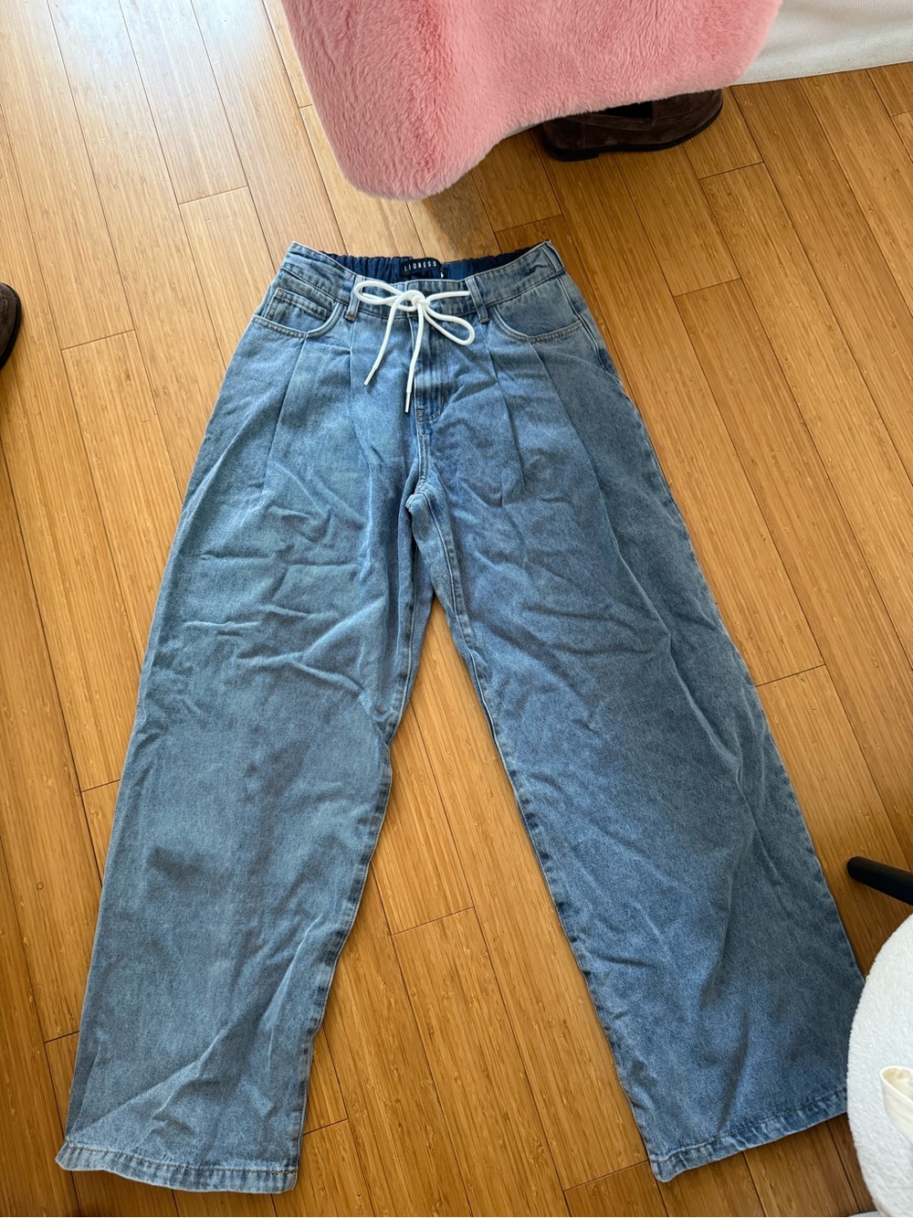 Lioness Wide Leg Drawstring Denim Pants in Light Blue